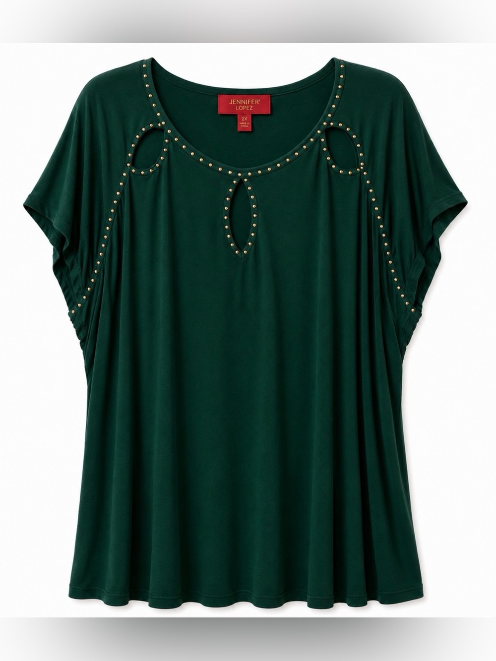 Jennifer Lopez Deep Green Stud-Embellished Short Sleeve Tunic